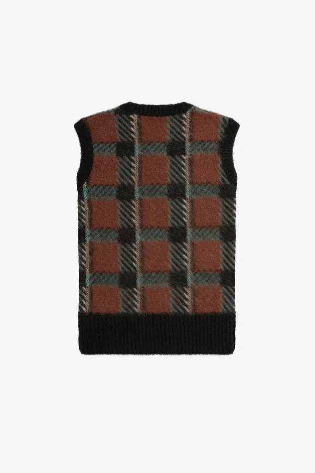 Women Glitch Tartan Knitted Tank Whisky Brown Fred Perry Knitwear