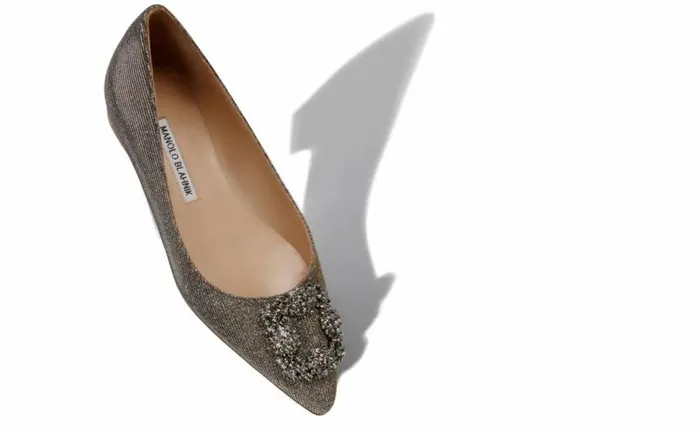 Women Gold Glitter Fabric Jewel Buckle Flat Pumps Manolo Blahnik Flats
