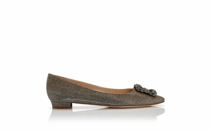 Women Gold Glitter Fabric Jewel Buckle Flat Pumps Manolo Blahnik Flats