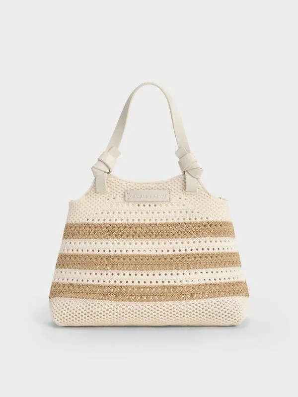 Women Ida Striped Knotted Handle Tote Bag 8211 Sand CHARLES and KEITH Tote Bags