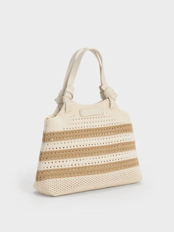 Women Ida Striped Knotted Handle Tote Bag 8211 Sand CHARLES and KEITH Tote Bags