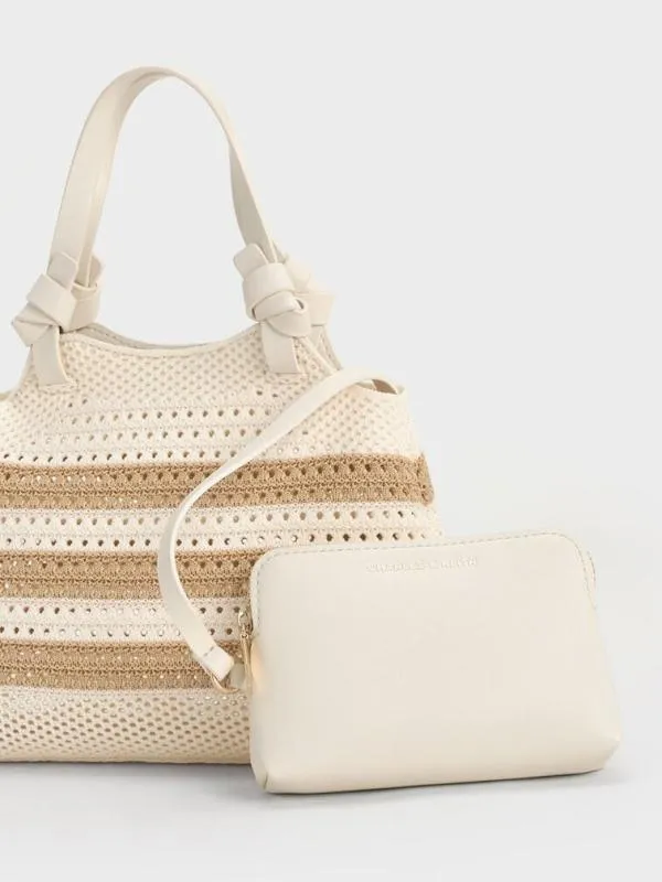 Women Ida Striped Knotted Handle Tote Bag 8211 Sand CHARLES and KEITH Tote Bags