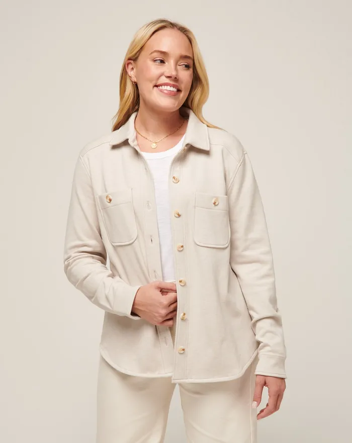 Women Jackets TravisMathew CLOUD FLEECE SHACKET Heather Pumice Stone