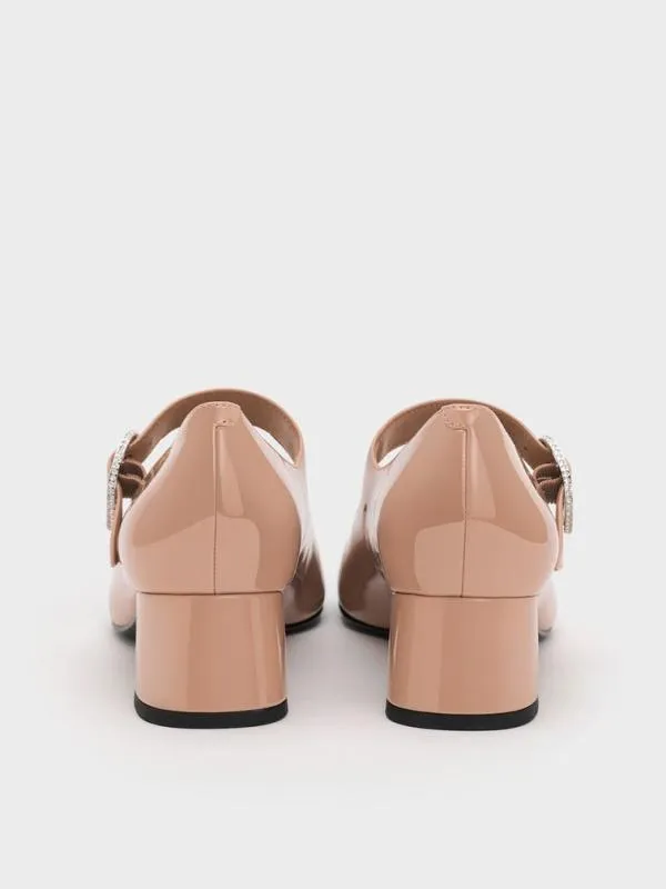 Women Jannie Patent CrystalBuckle Mary Jane Pumps 8211 Nude CHARLES and KEITH Heels
