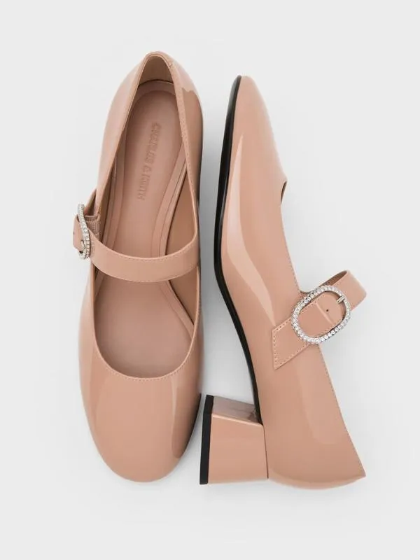 Women Jannie Patent CrystalBuckle Mary Jane Pumps 8211 Nude CHARLES and KEITH Heels