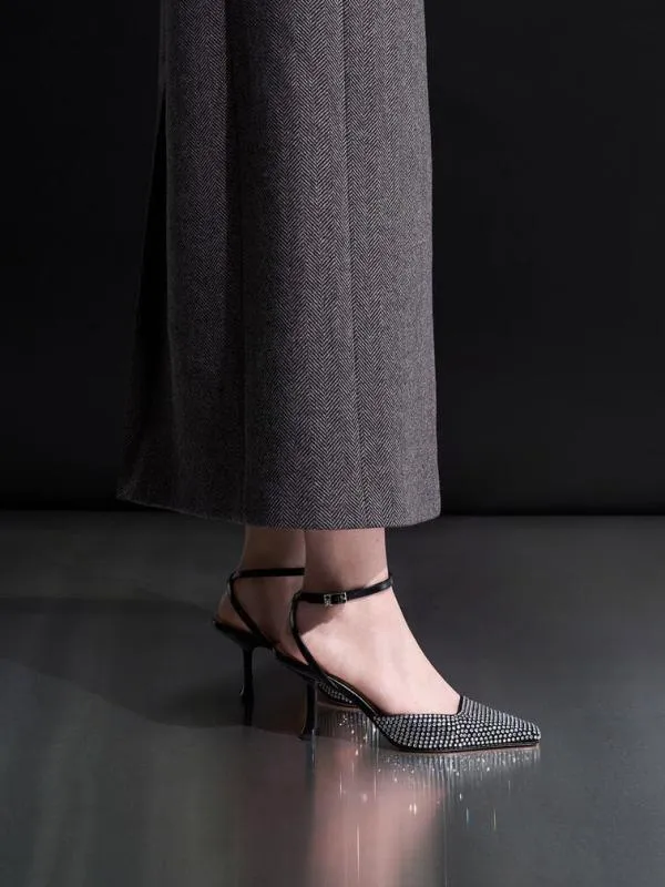 Women Leather and Suede CrystalEmbellished SculpturalHeel Pumps 8211 Black CHARLES and KEITH Heels
