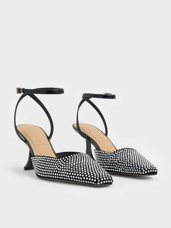 Women Leather and Suede CrystalEmbellished SculpturalHeel Pumps 8211 Black CHARLES and KEITH Heels