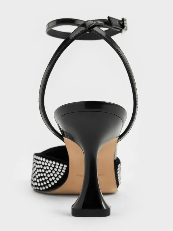 Women Leather and Suede CrystalEmbellished SculpturalHeel Pumps 8211 Black CHARLES and KEITH Heels