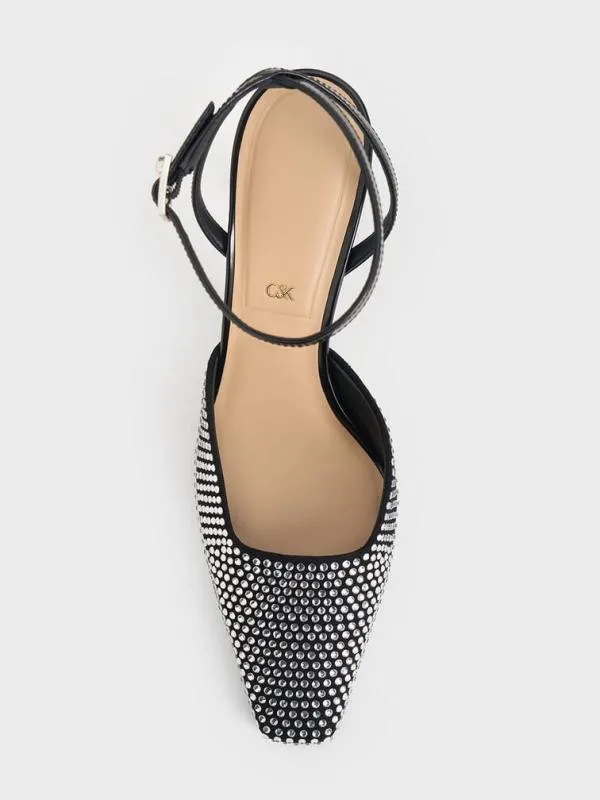 Women Leather and Suede CrystalEmbellished SculpturalHeel Pumps 8211 Black CHARLES and KEITH Heels