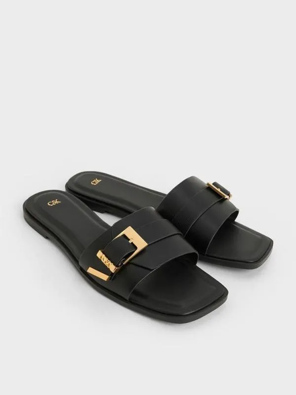 Women Leather Buckled SquareToe Slide Sandals 8211 Black CHARLES and KEITH Sandals