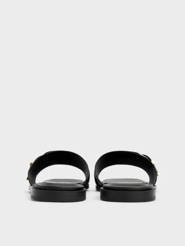 Women Leather Buckled SquareToe Slide Sandals 8211 Black CHARLES and KEITH Sandals
