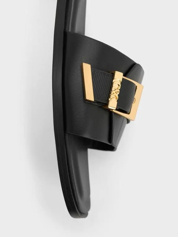 Women Leather Buckled SquareToe Slide Sandals 8211 Black CHARLES and KEITH Sandals