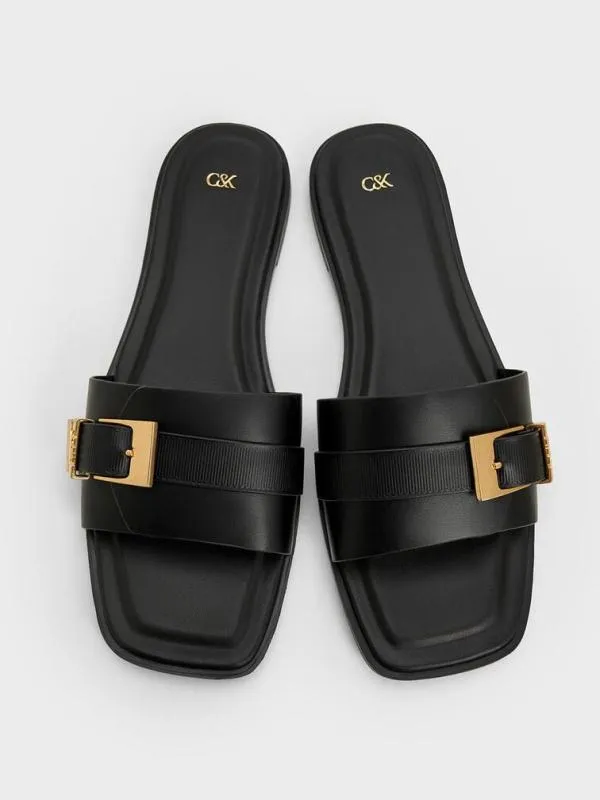 Women Leather Buckled SquareToe Slide Sandals 8211 Black CHARLES and KEITH Sandals
