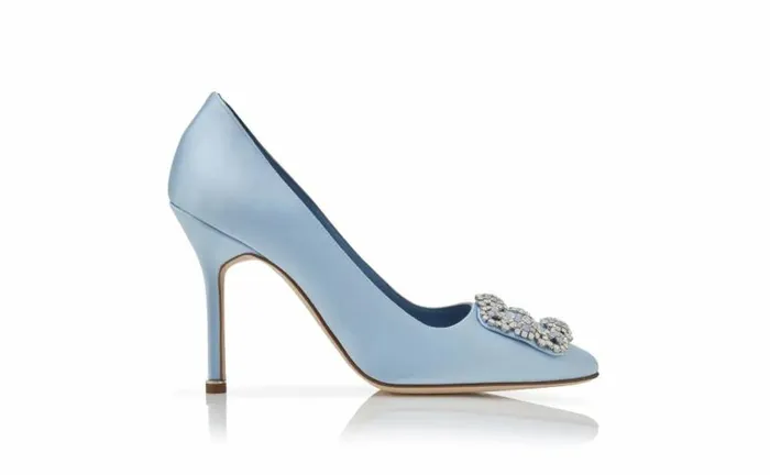 Women Light Blue Satin Jewel Buckle Pumps Manolo Blahnik Pumps