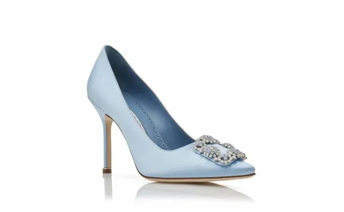 Women Light Blue Satin Jewel Buckle Pumps Manolo Blahnik Pumps