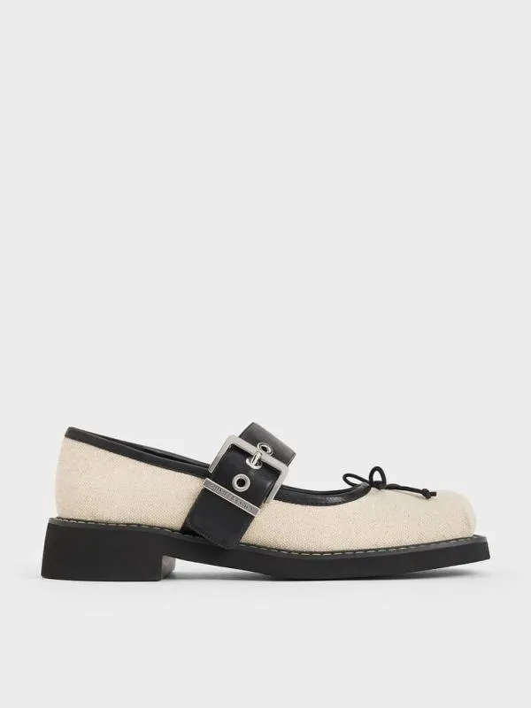 Women Linen Bow Buckled Mary Janes 8211 Beige CHARLES and KEITH Ballet Flats