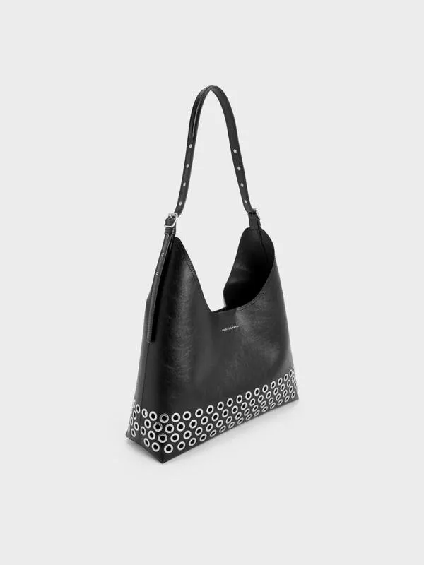 Women Liv Grommet Hobo Bag 8211 Noir CHARLES and KEITH Hobo Bags