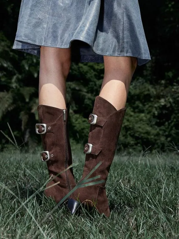 Women Masei Faux Suede GrommetStrap KneeHigh Boots 8211 Dark Brown CHARLES and KEITH Boots