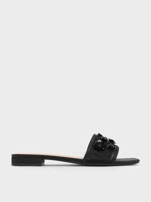 Women Mesh and Satin SequinFlower Slide Sandals 8211 Black Textured CHARLES and KEITH Sandals Women Mesh and Satin SequinFlower Slide Sandals 8211 Black Textured CHARLES and KEITH Sandals