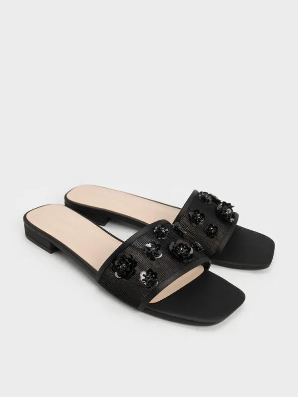 Women Mesh and Satin SequinFlower Slide Sandals 8211 Black Textured CHARLES and KEITH Sandals