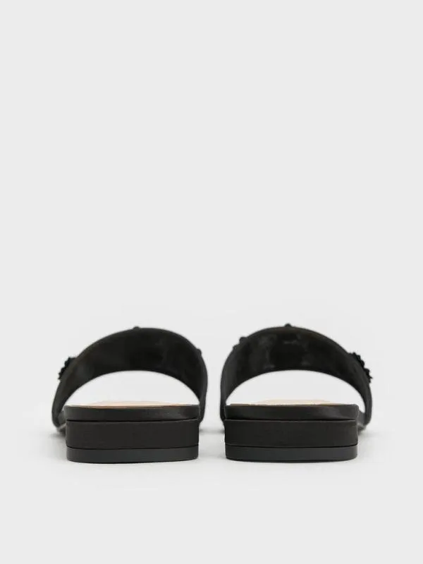 Women Mesh and Satin SequinFlower Slide Sandals 8211 Black Textured CHARLES and KEITH Sandals