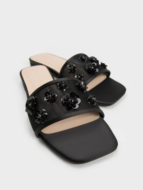Women Mesh and Satin SequinFlower Slide Sandals 8211 Black Textured CHARLES and KEITH Sandals