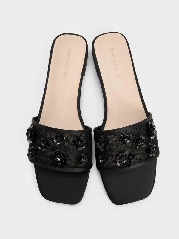 Women Mesh and Satin SequinFlower Slide Sandals 8211 Black Textured CHARLES and KEITH Sandals