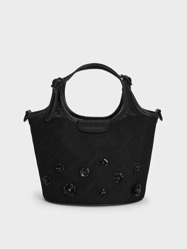 Women Mesh SequinFlower Tote Bag 8211 Jet Black CHARLES and KEITH Bucket Bags