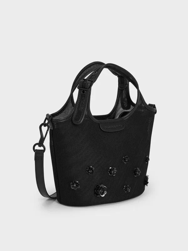 Women Mesh SequinFlower Tote Bag 8211 Jet Black CHARLES and KEITH Bucket Bags