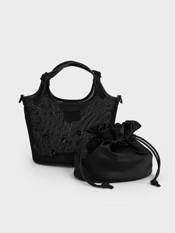 Women Mesh SequinFlower Tote Bag 8211 Jet Black CHARLES and KEITH Bucket Bags
