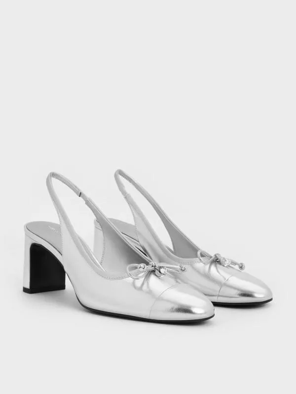 Women Metallic Bow CapToe Slingback Pumps 8211 Silver CHARLES and KEITH Heels