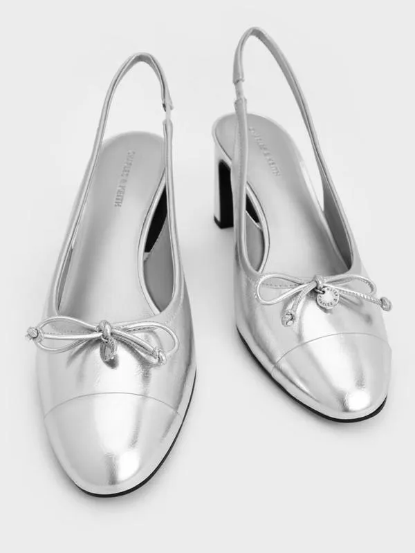 Women Metallic Bow CapToe Slingback Pumps 8211 Silver CHARLES and KEITH Heels