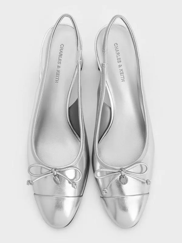Women Metallic Bow CapToe Slingback Pumps 8211 Silver CHARLES and KEITH Heels