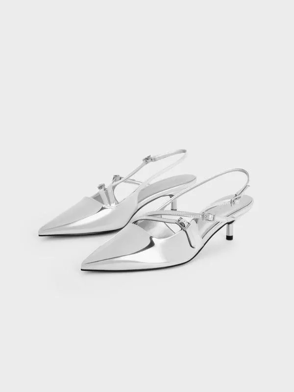 Women Metallic BuckleStrap Kitten Heel Slingback Pumps 8211 Silver CHARLES and KEITH Heels