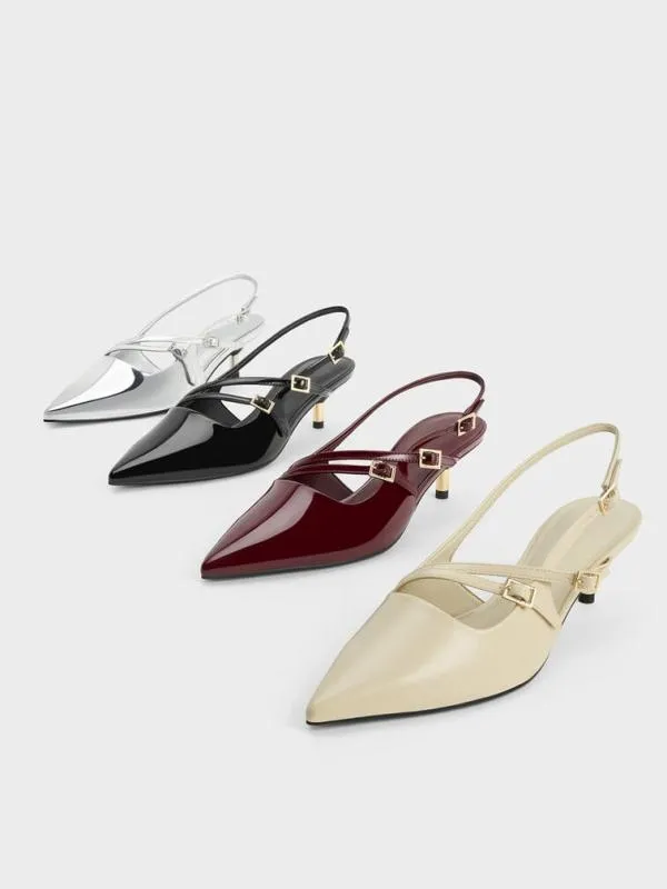 Women Metallic BuckleStrap Kitten Heel Slingback Pumps 8211 Silver CHARLES and KEITH Heels