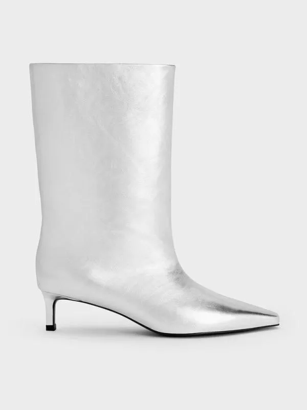 Women Metallic Elongated TaperedToe KittenHeel Calf Boots 8211 Silver CHARLES and KEITH Boots Women Metallic Elongated TaperedToe KittenHeel Calf Boots 8211 Silver CHARLES and KEITH Boots