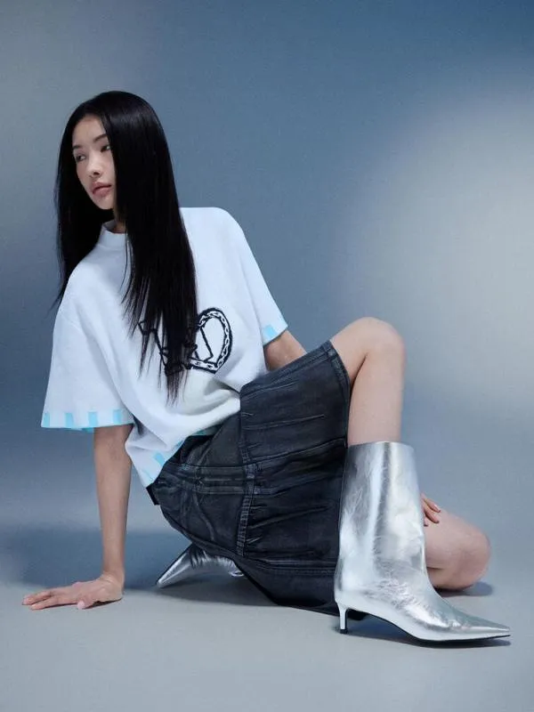 Women Metallic Elongated TaperedToe KittenHeel Calf Boots 8211 Silver CHARLES and KEITH Boots