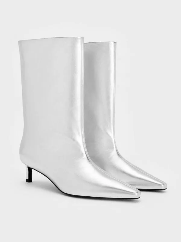 Women Metallic Elongated TaperedToe KittenHeel Calf Boots 8211 Silver CHARLES and KEITH Boots