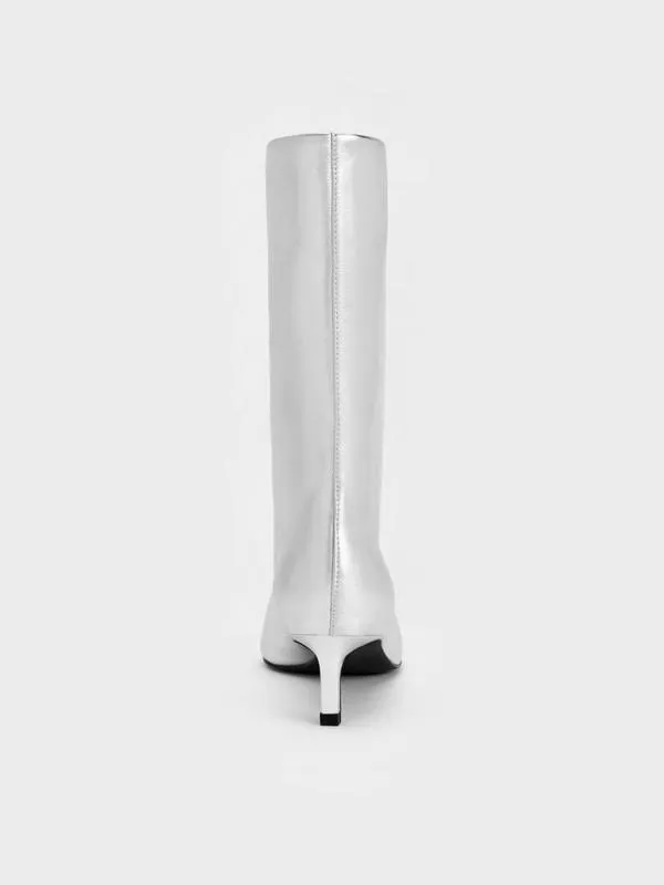 Women Metallic Elongated TaperedToe KittenHeel Calf Boots 8211 Silver CHARLES and KEITH Boots