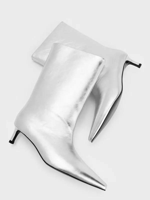 Women Metallic Elongated TaperedToe KittenHeel Calf Boots 8211 Silver CHARLES and KEITH Boots