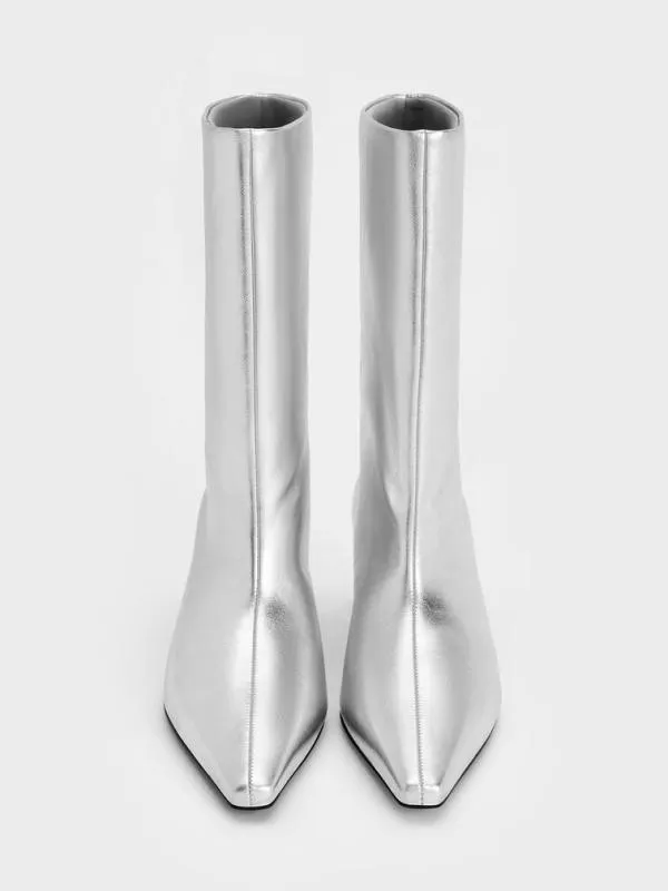 Women Metallic Elongated TaperedToe KittenHeel Calf Boots 8211 Silver CHARLES and KEITH Boots