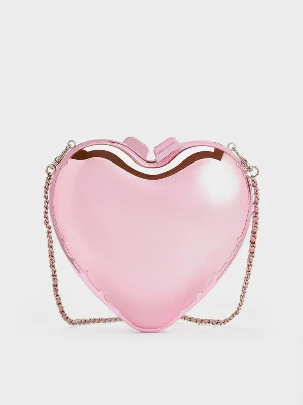 Women Metallic Heart Crossbody Bag 8211 Pink CHARLES and KEITH Clutches