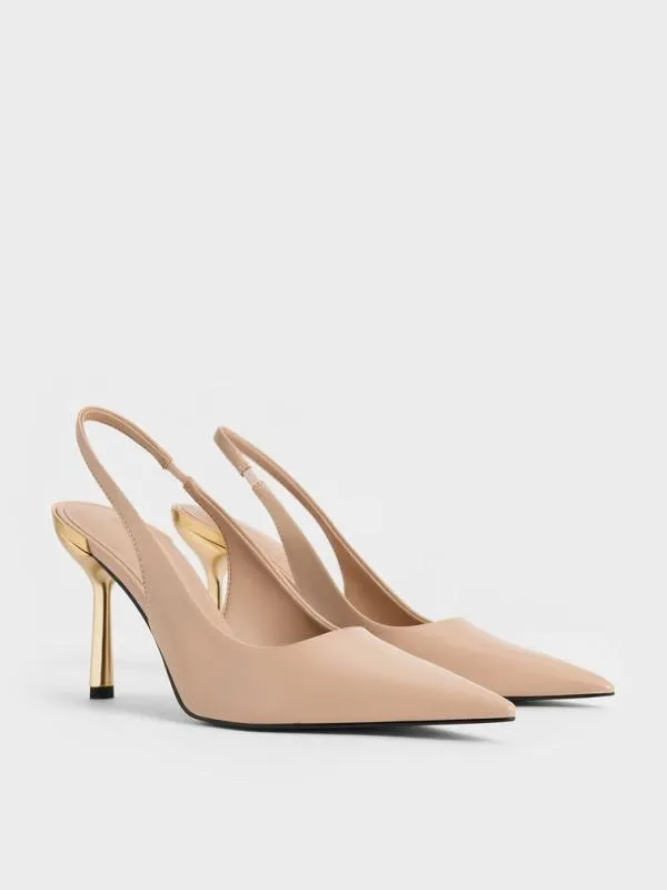Women MetallicHeel PointedToe Slingback Pumps 8211 Nude CHARLES and KEITH Pumps