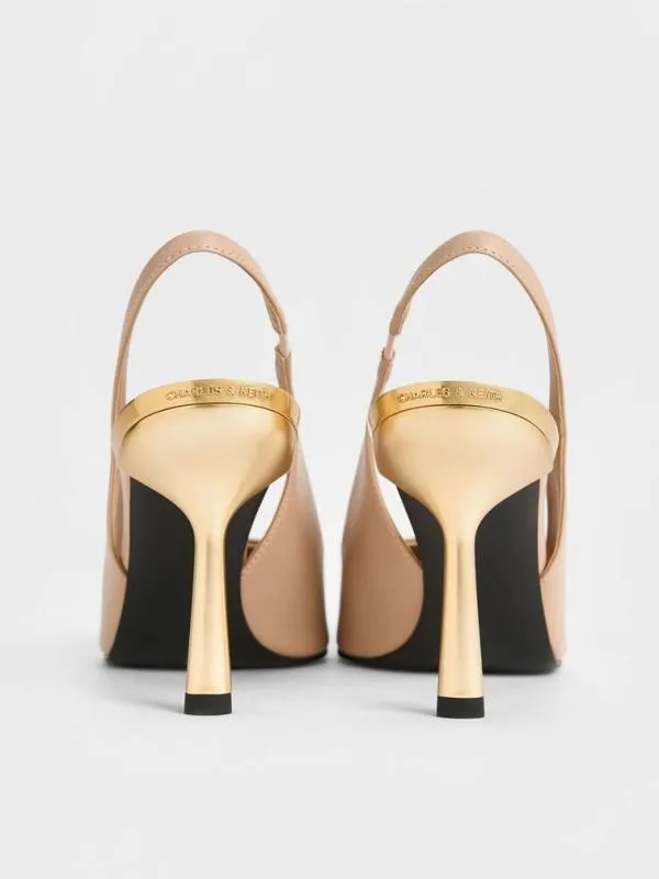 Women MetallicHeel PointedToe Slingback Pumps 8211 Nude CHARLES and KEITH Pumps