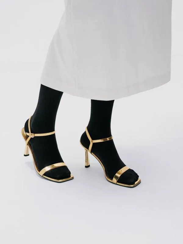 Women Metallic SquareToe AnkleStrap Heeled Sandals 8211 Gold CHARLES and KEITH Heels