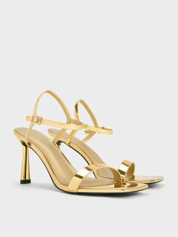 Women Metallic SquareToe AnkleStrap Heeled Sandals 8211 Gold CHARLES and KEITH Heels