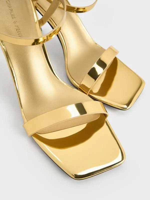 Women Metallic SquareToe AnkleStrap Heeled Sandals 8211 Gold CHARLES and KEITH Heels