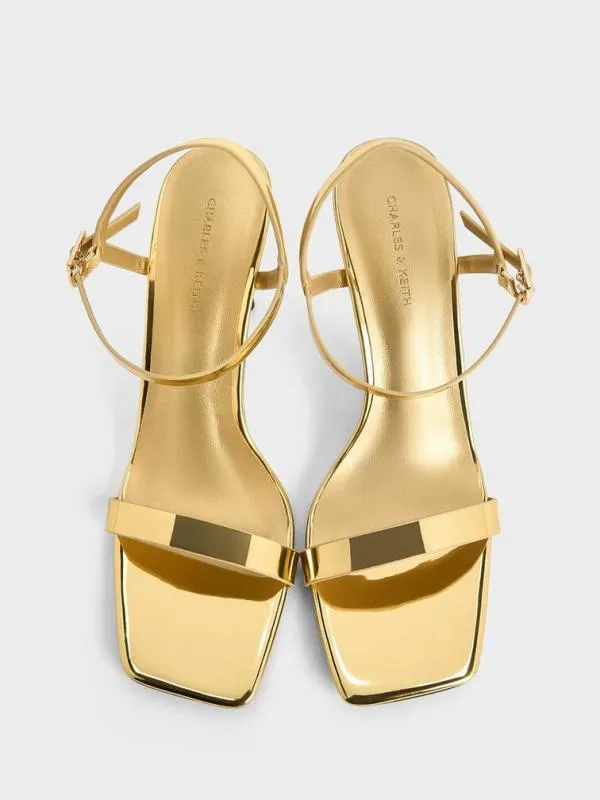 Women Metallic SquareToe AnkleStrap Heeled Sandals 8211 Gold CHARLES and KEITH Heels
