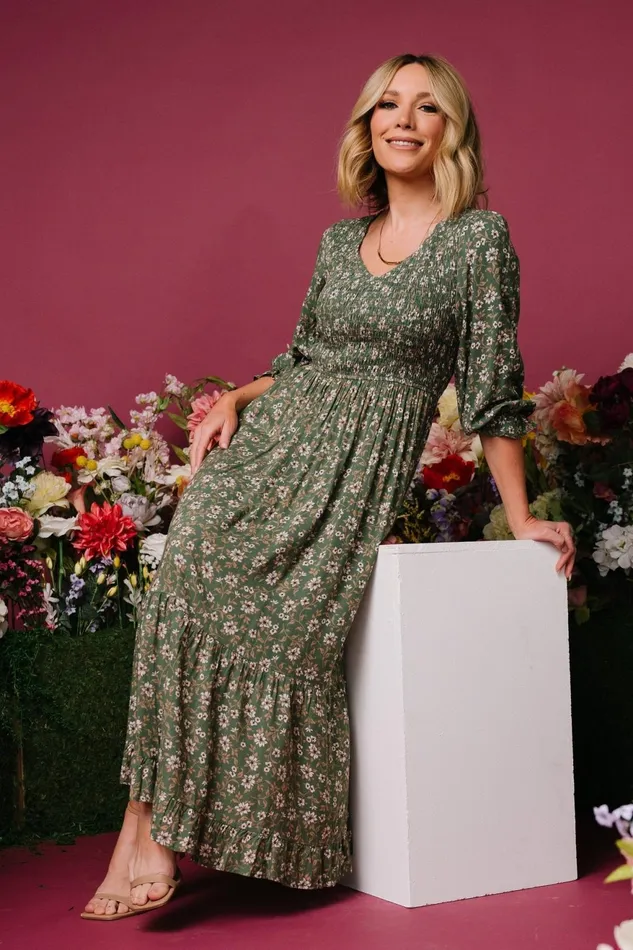 Women Midi Dresses Baltic Born Tarryn Smocked Midi Dress Olive Floral