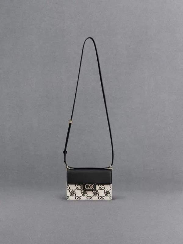 Women Mini Cerys Leather and Canvas Monogram Shoulder Bag 8211 Black CHARLES and KEITH Shoulder Bags